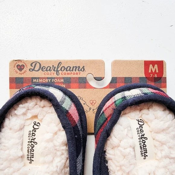 NWT Women's Dearfoam Cozy Comfort Faux Fur Lined Md 7-8 Mama Bear Plaid Slippers - Picture 3 of 5